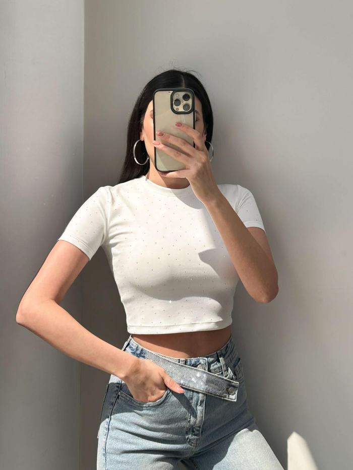 Taş Baskılı Crop Tshirt