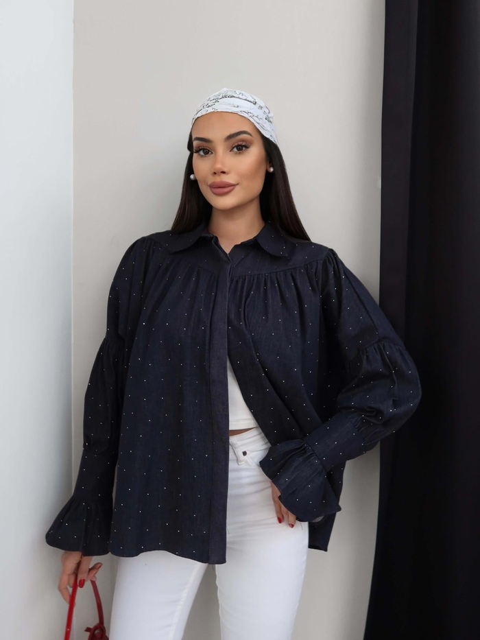 Taş Baskılı Denim Gömlek