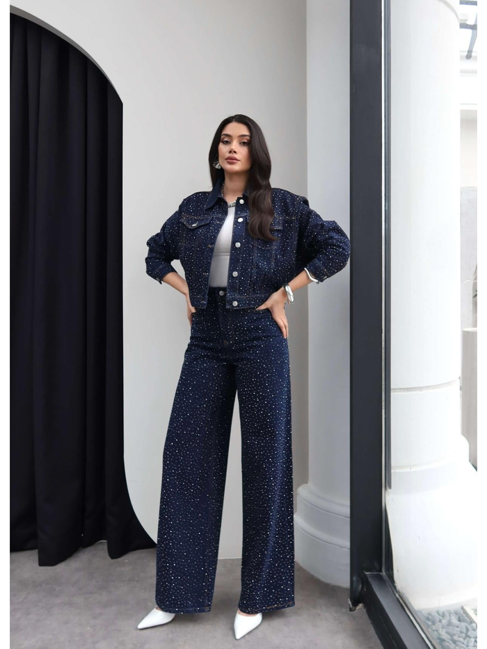 Taş Baskılı Denim İkili Takım