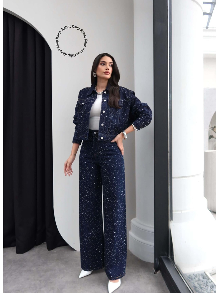 Taş Baskılı Denim İkili Takım