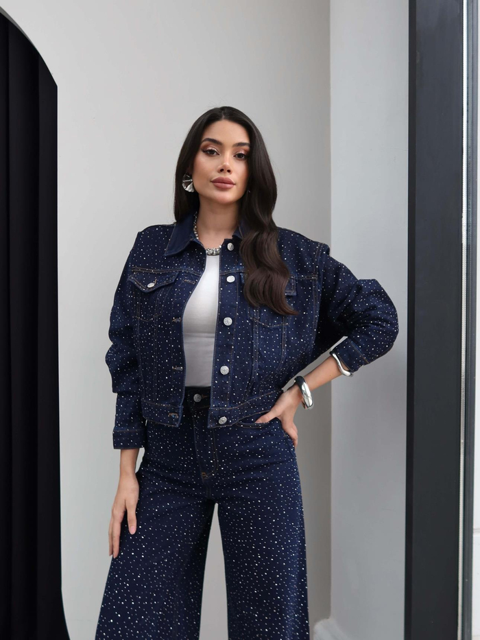 Taş Baskılı Denim İkili Takım