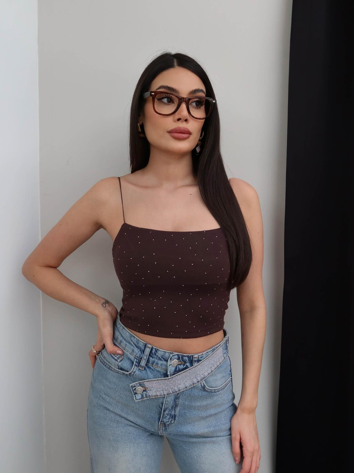 Taş Baskılı İnce Askılı Crop