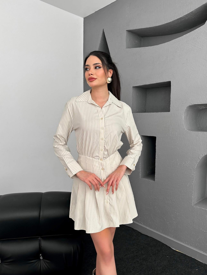 Taş Çizgili Kalın Pilili Poplin Elbise