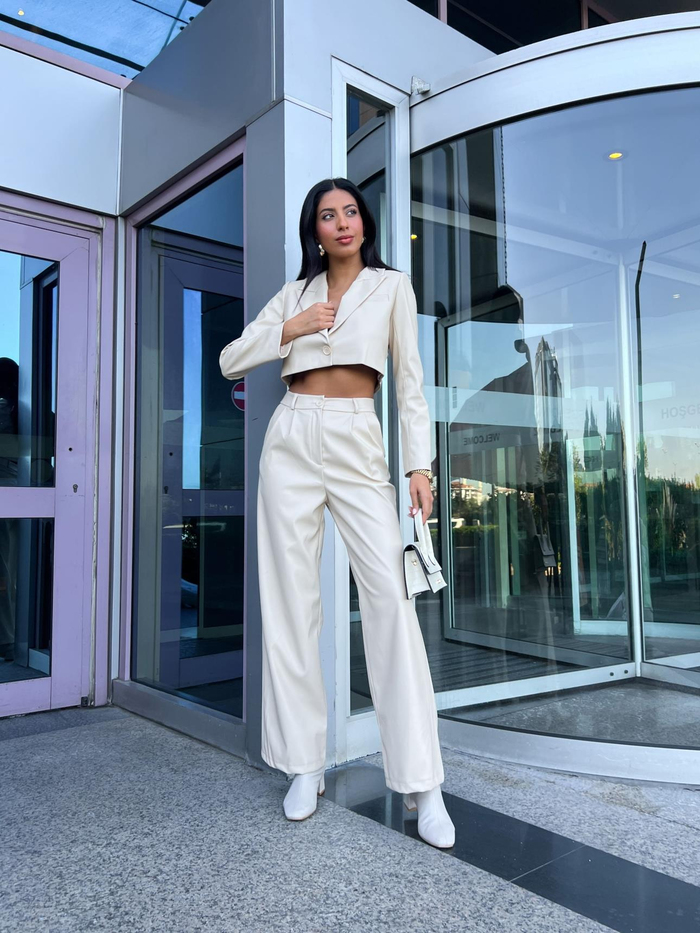 Taş Crop Blazer Deri Takım