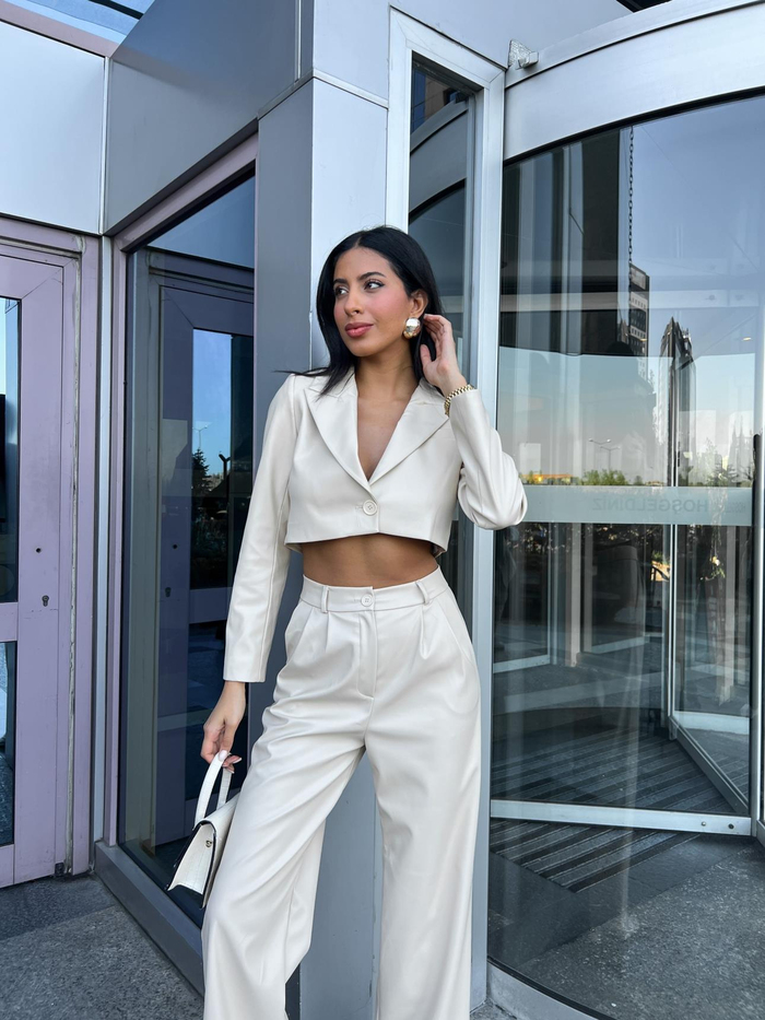 Taş Crop Blazer Deri Takım