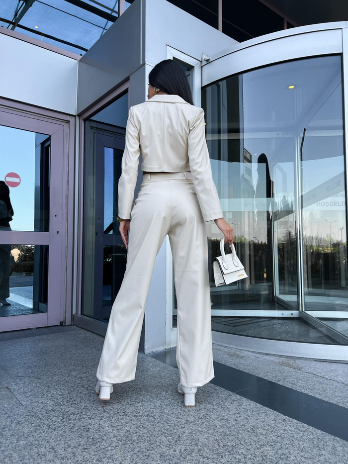 Taş Crop Blazer Deri Takım