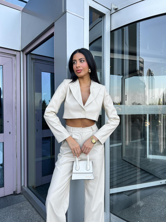 Taş Crop Blazer Deri Takım