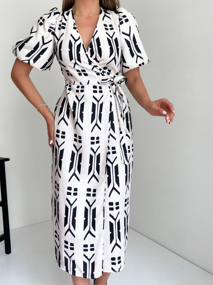 Taş Desenli Kruvaze Elbise