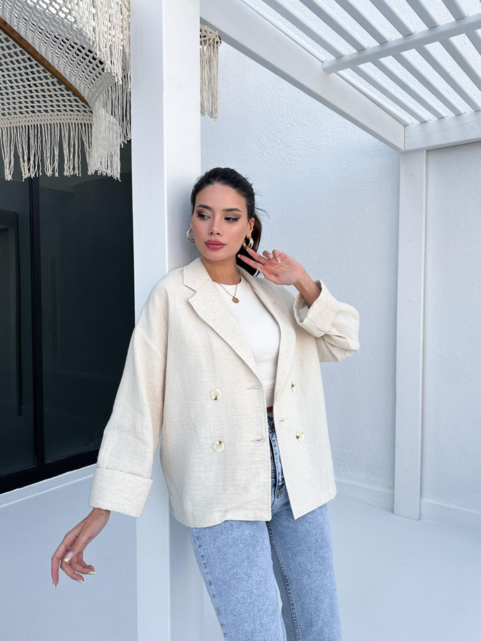 Taş Manşetli Keten Oversize Ceket