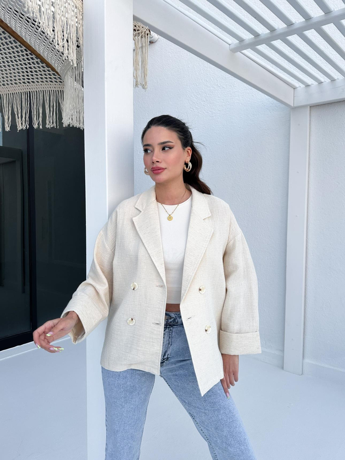Taş Manşetli Keten Oversize Ceket