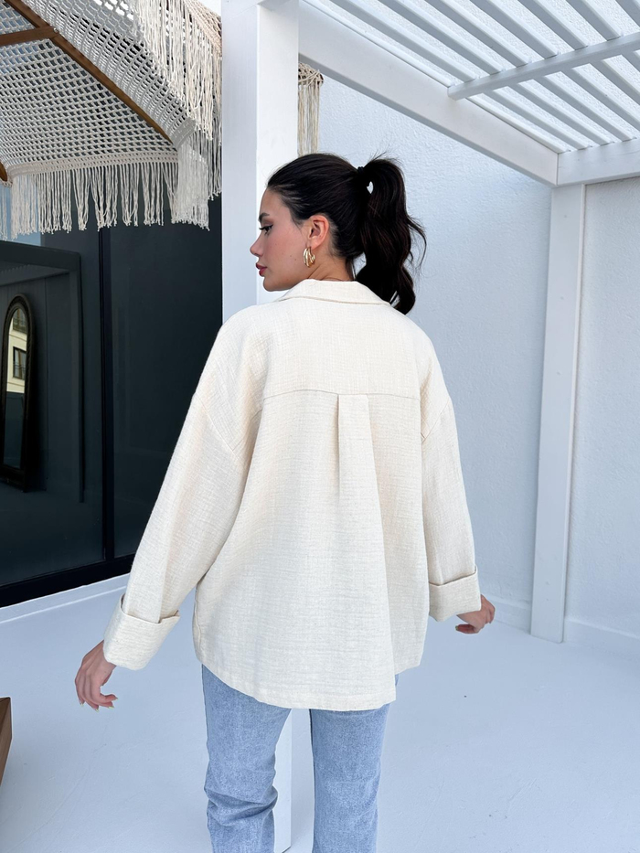 Taş Manşetli Keten Oversize Ceket