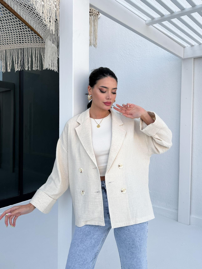Taş Manşetli Keten Oversize Ceket