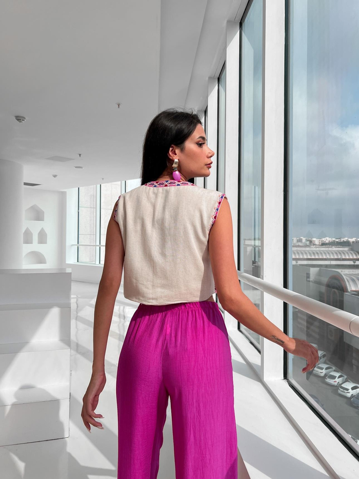 Taş Nakışlı Keten Yelek