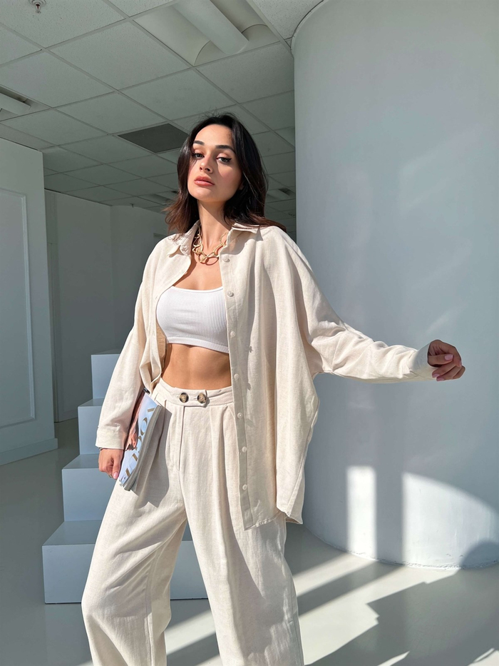 Taş Oversize Ham Keten Gömlek