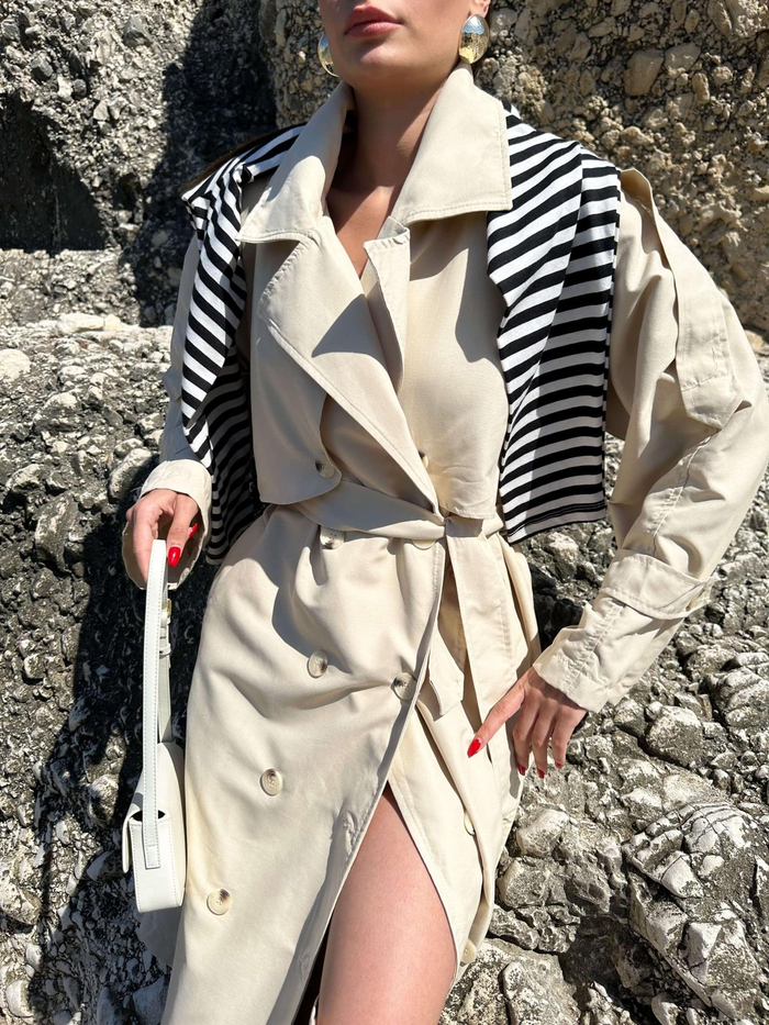 Taş Oversize Kuşaklı Trench