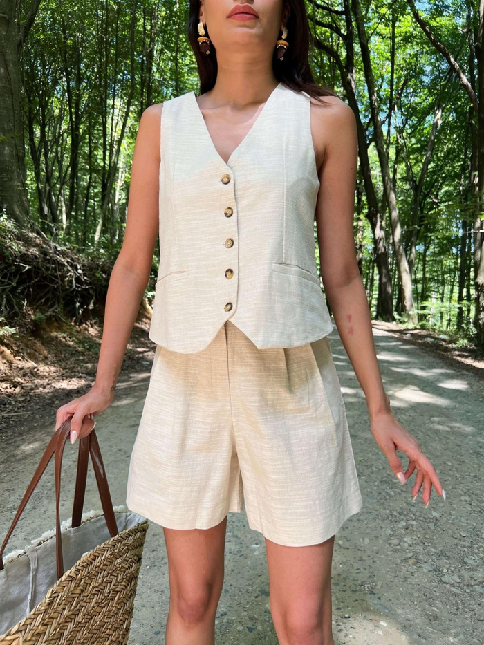 Taş Şort Yelekli Keten Takım