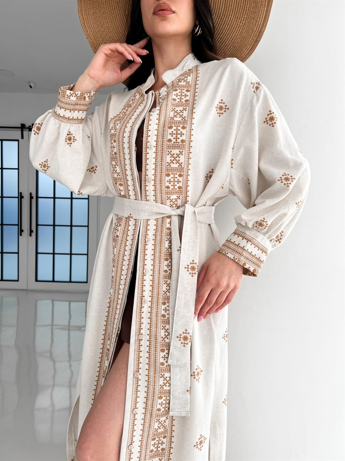 Taş Sütlü Kahve Desenli Kuşaklı Kimono