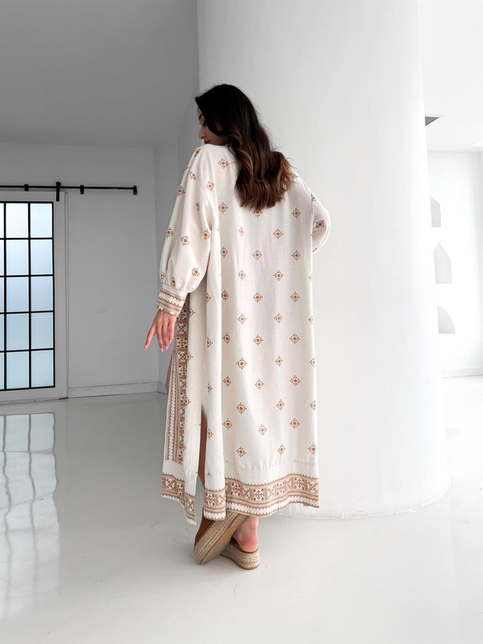 Taş Sütlü Kahve Desenli Kuşaklı Kimono