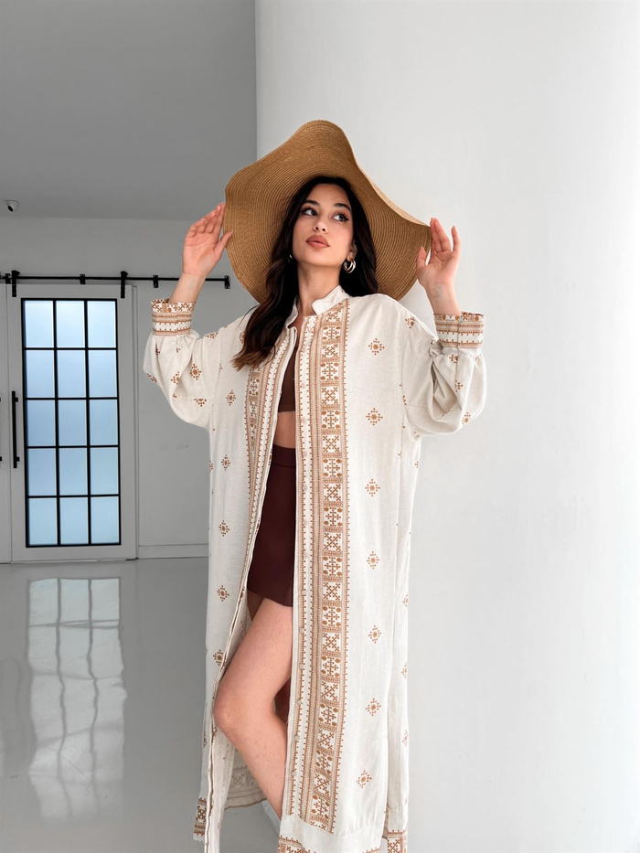 Taş Sütlü Kahve Desenli Kuşaklı Kimono