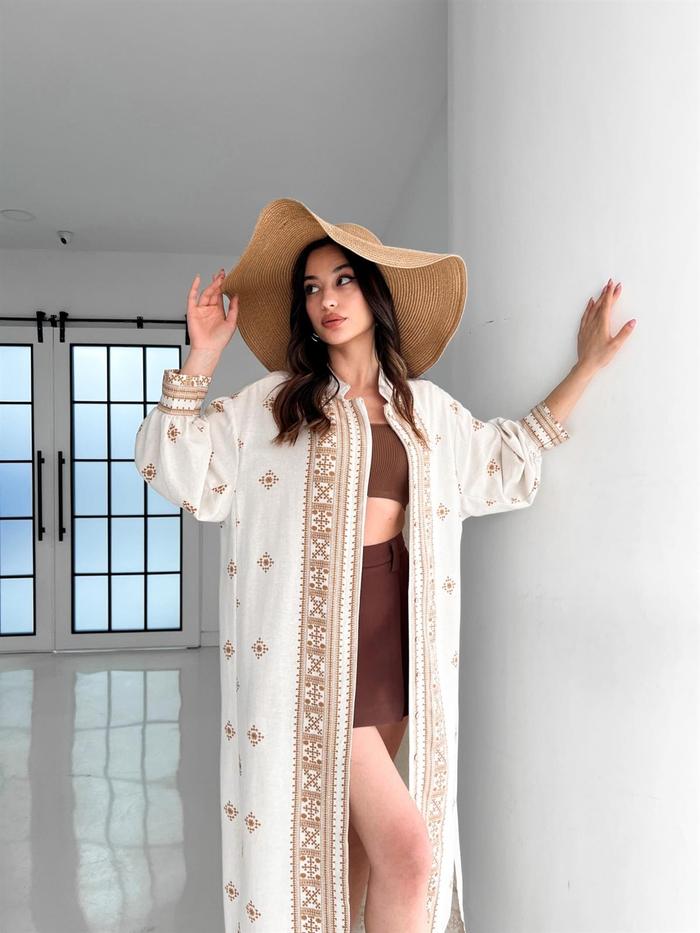 Taş Sütlü Kahve Desenli Kuşaklı Kimono