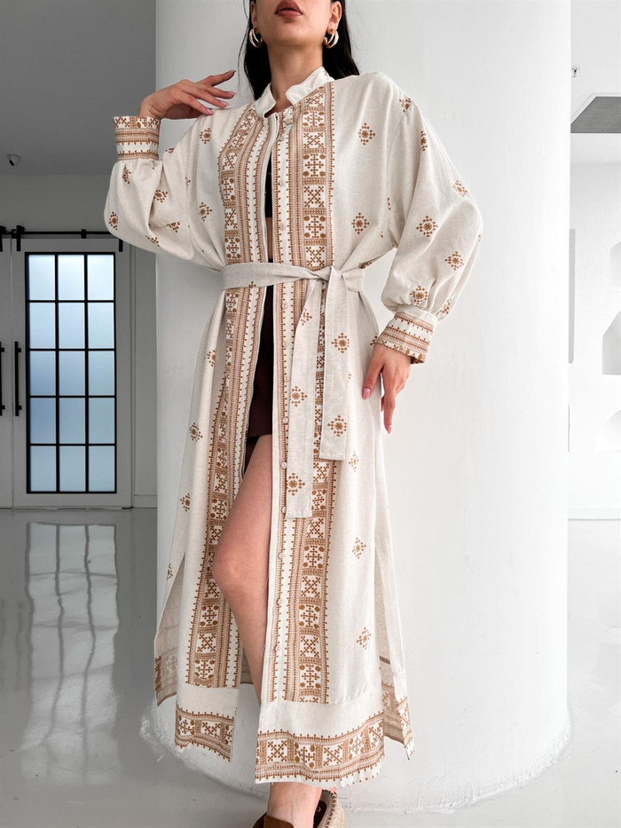 Taş Sütlü Kahve Desenli Kuşaklı Kimono