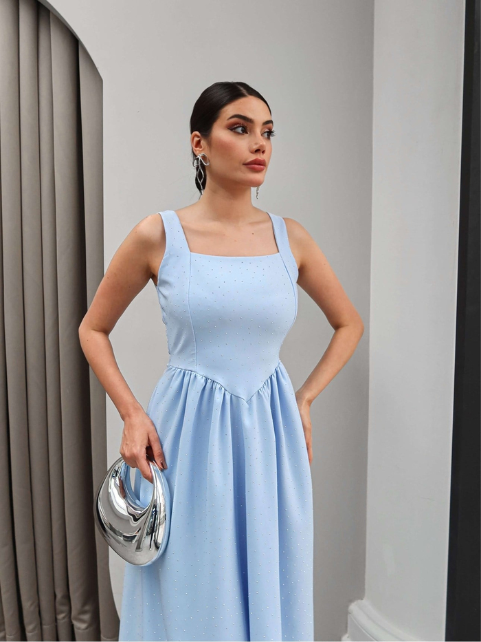 Taşlı Bel Bağlamalı Elbise