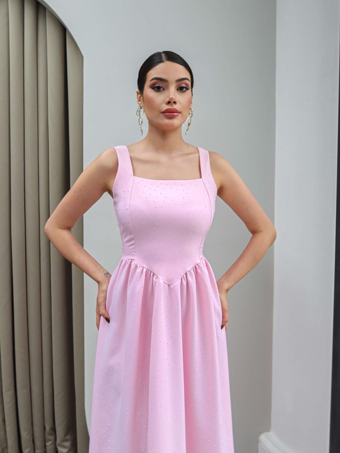 Taşlı Bel Bağlamalı Elbise