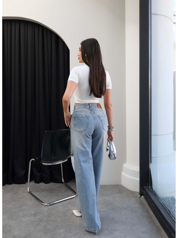 Taşlı Çapraz Bel Detaylı Wide Leg Jean