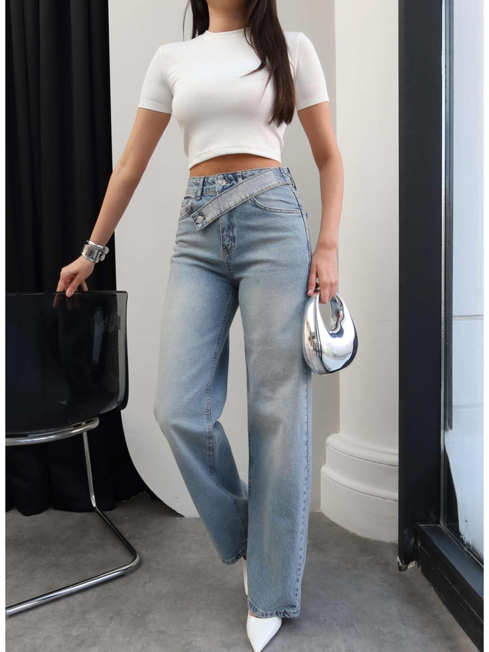 Taşlı Çapraz Bel Detaylı Wide Leg Jean