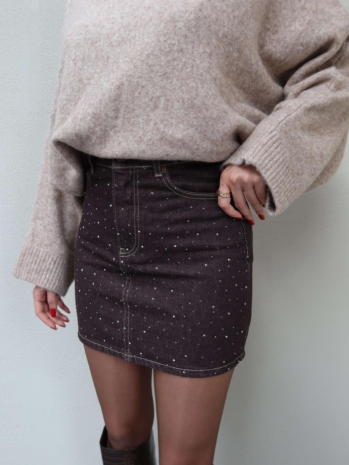 Taşlı Denim Mini Etek