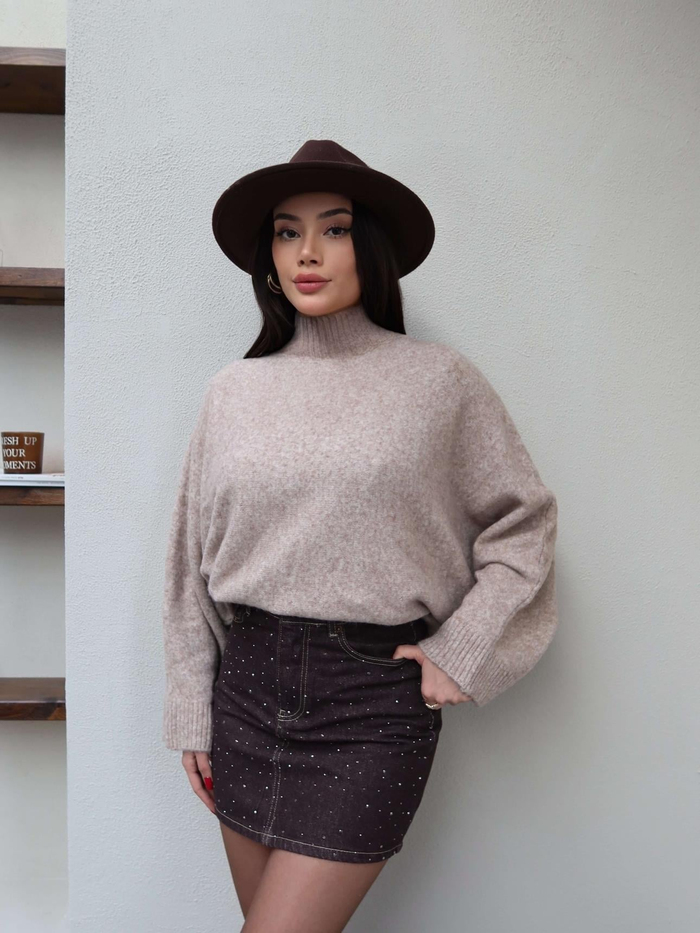 Taşlı Denim Mini Etek