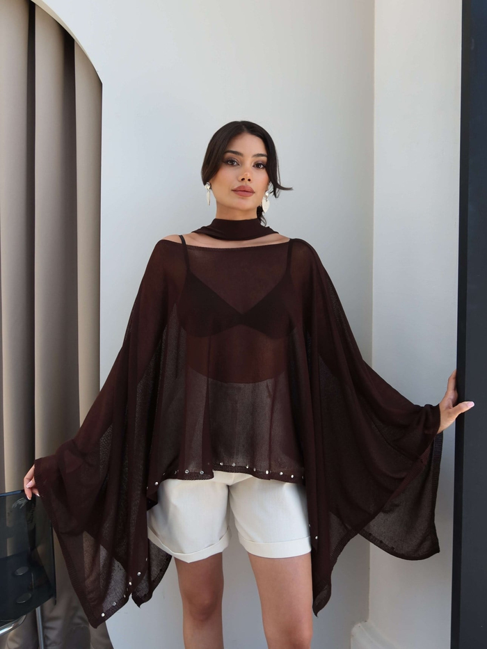 Taşlı Transparan Fularlı Bluz