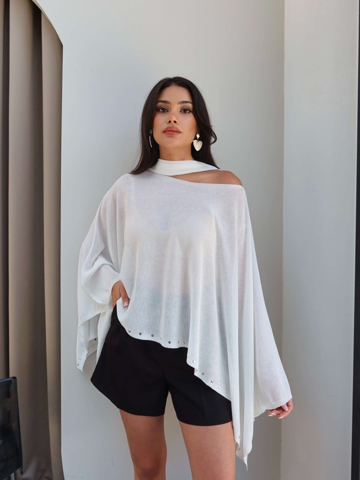 Taşlı Transparan Fularlı Bluz