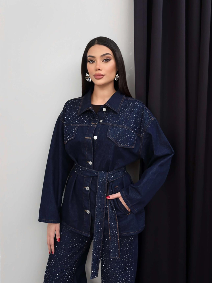 Taşlı Yan Cepli Kuşaklı Denim Takım