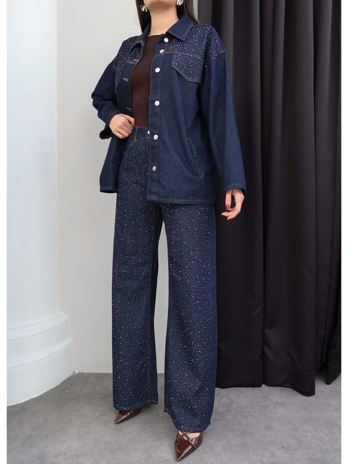 Taşlı Yan Cepli Kuşaklı Denim Takım