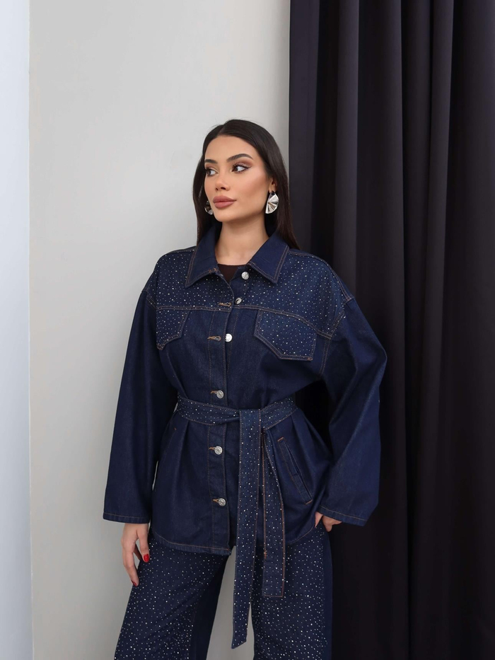 Taşlı Yan Cepli Kuşaklı Denim Takım