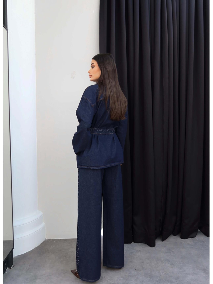 Taşlı Yan Cepli Kuşaklı Denim Takım