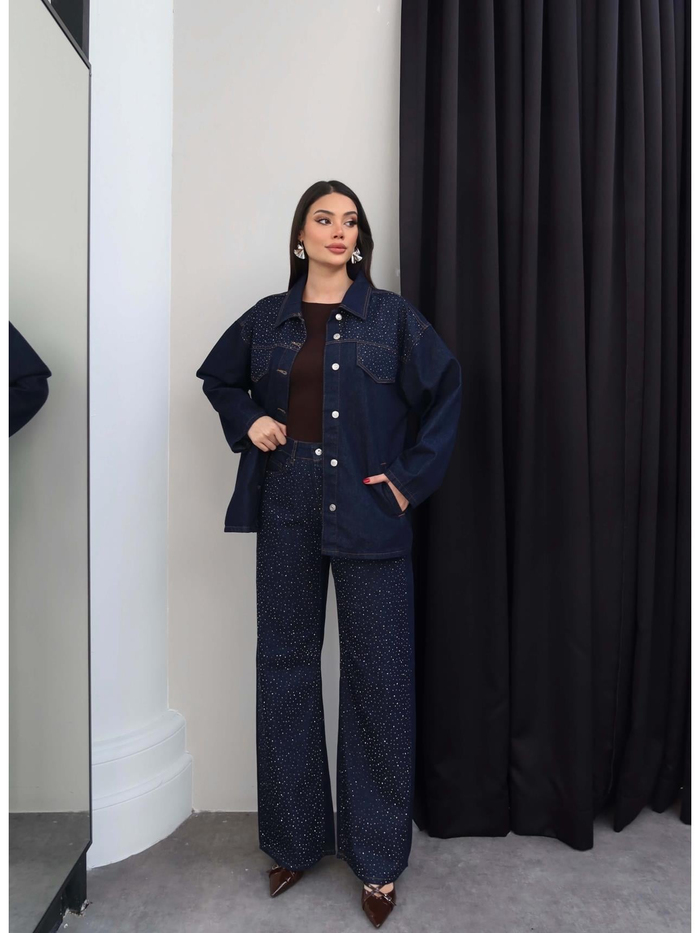 Taşlı Yan Cepli Kuşaklı Denim Takım