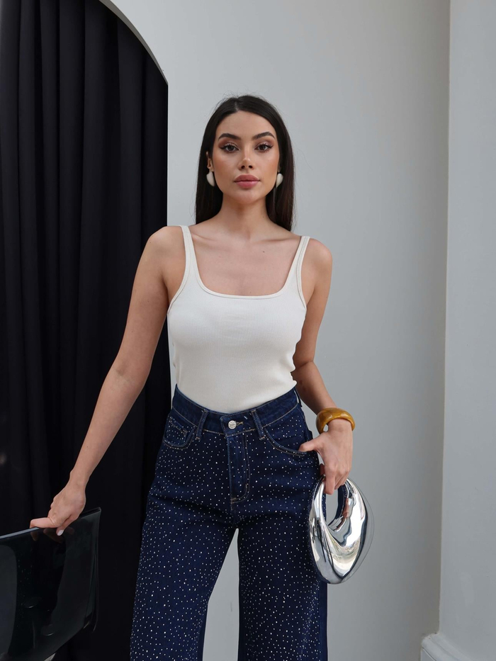 Taşlı Yüksek Bel Paça Lastikli Jean
