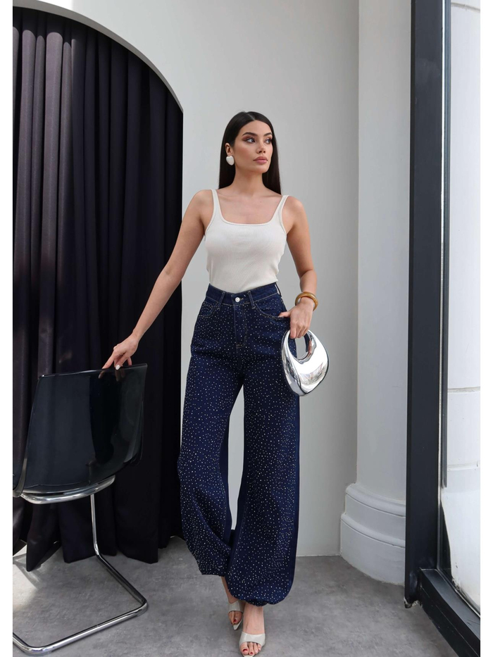 Taşlı Yüksek Bel Paça Lastikli Jean