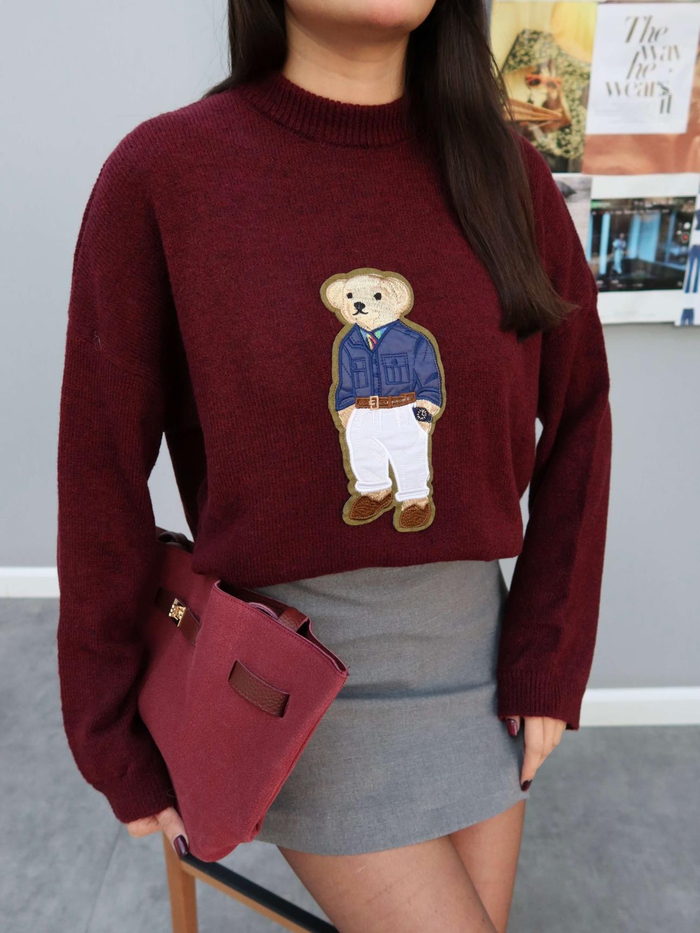 Teddy Bear İşlemeli Triko Kazak
