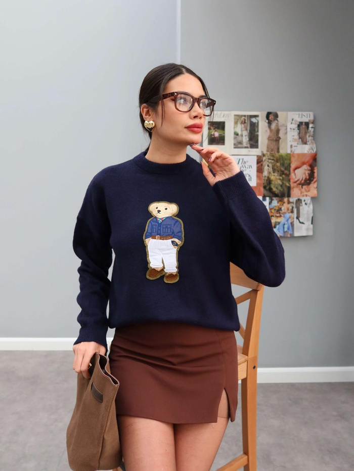 Teddy Bear İşlemeli Triko Kazak