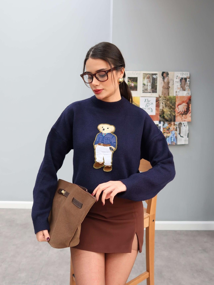 Teddy Bear İşlemeli Triko Kazak