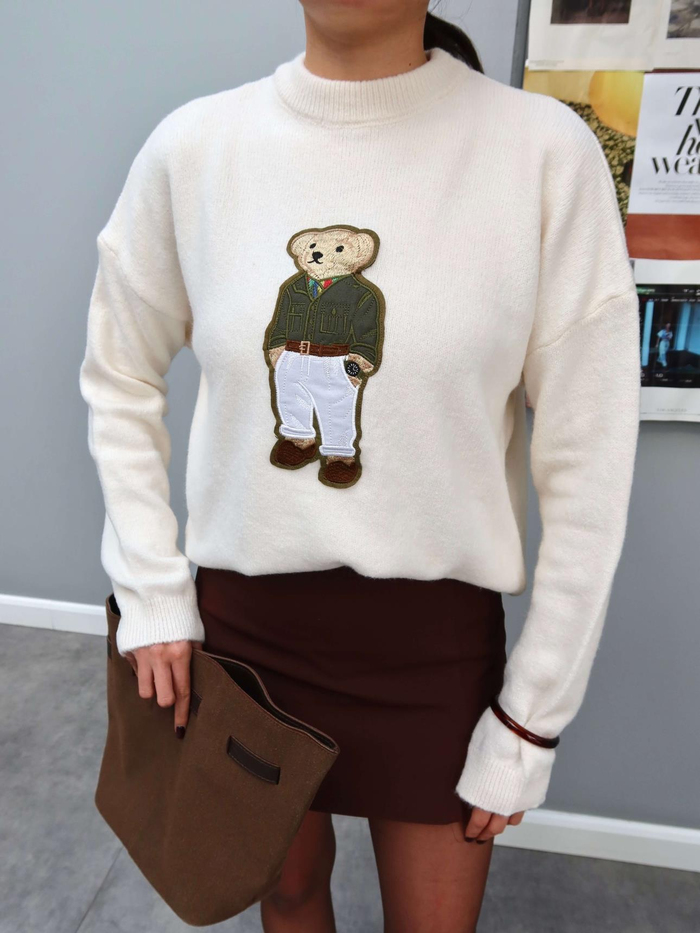 Teddy Bear İşlemeli Triko Kazak
