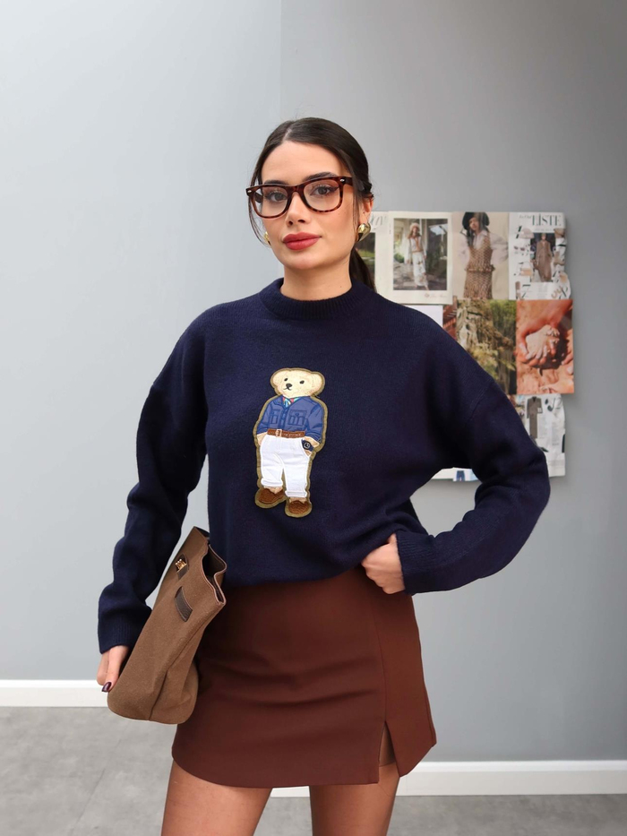 Teddy Bear İşlemeli Triko Kazak
