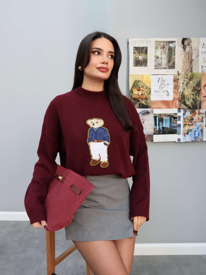 Teddy Bear İşlemeli Triko Kazak