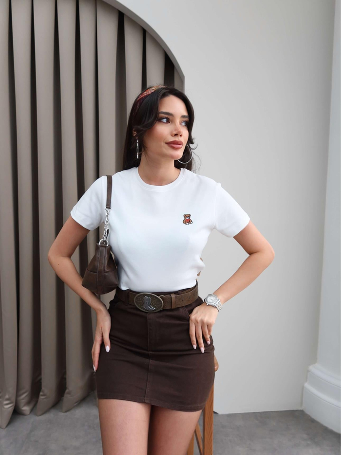 Teddy Bear Nakışlı Crop T-Shirt