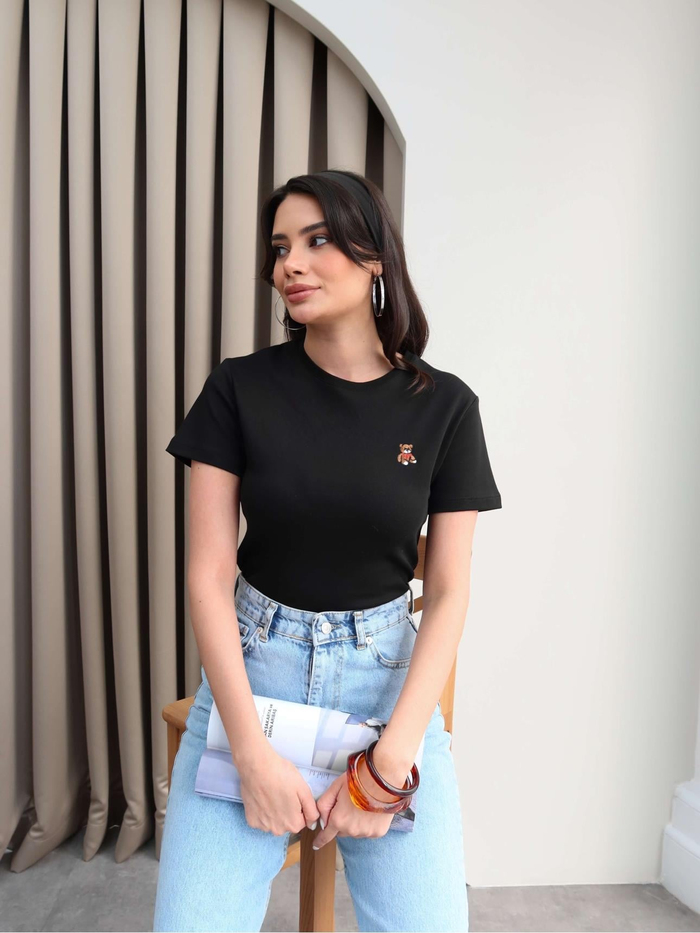 Teddy Bear Nakışlı Crop T-Shirt