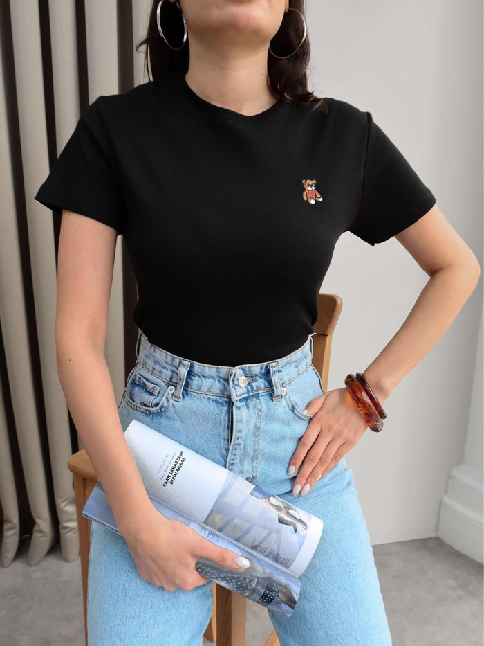 Teddy Bear Nakışlı Crop T-Shirt