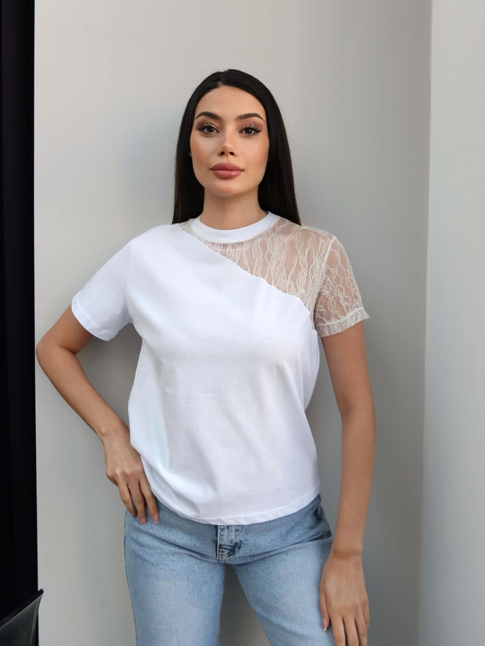 Tek Omuz Dantel Tshirt
